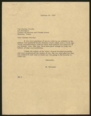 [Letter from I. H. Kempner to the Gordon Family, October 28, 1957]