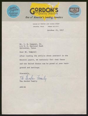 [Letter from The Gordon Family to I. H. Kempner, October 25, 1957]