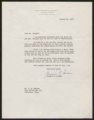 [Letter from Francis P. Gaines to Isaac H. Kempner, January 23, 1957]