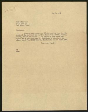 [Letter from Isaac H. Kempner to Galveston Club, May 3, 1957]