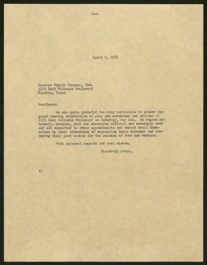 [Letter from Isaac H. Kempner to Grocers Supply Company, Inc., April 9, 1957]