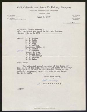 [Letter from J. A. Manning to the Gulf, Colorado and Santa Fe Railway Company Board of Directors, March 5, 1957]