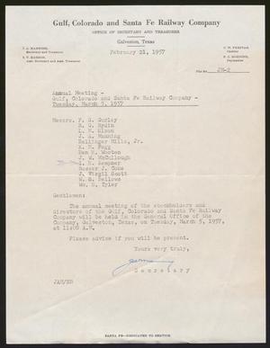 [Letter from J. A. Manning to the Gulf, Colorado and Santa Fe Railway Company Directors, February 21, 1957]