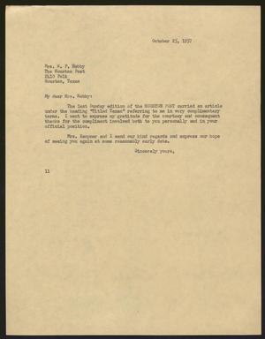 [Letter from Isaac H. Kempner to Mrs. Hobby, October 25, 1957]