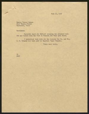 [Letter from Isaac H. Kempner to Harvey Travel Bureau, June 17, 1957]
