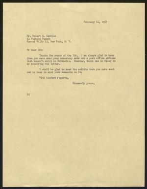 [Letter from Isaac H. Kempner to Robert M. Harriss, February 11, 1957]