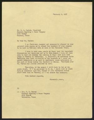 [Letter from Isaac H. Kempner to W. A. Parish, February 9, 1957]