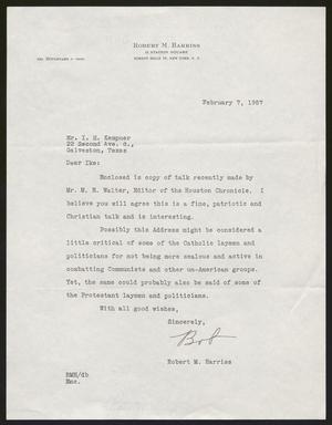 [Letter from Robert M. Harris to Isaac H. Kempner, February 7, 1957]