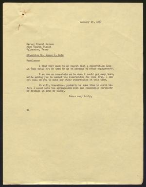 [Letter from Isaac H. Kempner to Harvey Travel Bureau, January 29, 1957]