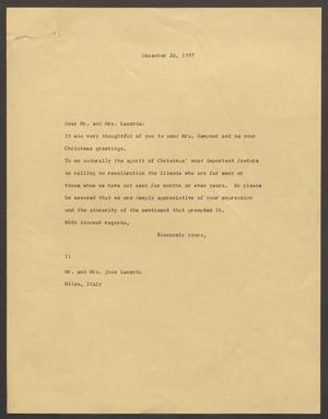 Primary view of object titled '[Letter from Isaac H. Kempner to Mr. and Mrs Lacerda, December 28, 1957]'.