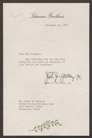 [Letter from John J. Gallery, Jr., to I. H. Kempner, December 16, 1957]