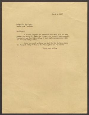 [Letter from Isaac H. Kempner to Robert E. Lee Hotel, March 4, 1957]