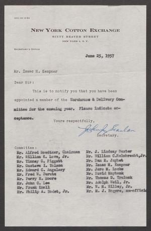 [Letter from New York Cotton Exchange to I. H. Kempner, June 25, 1957]