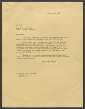 [Letter from Isaac H. Kempner to Natural Bridge Hotel, February 25, 1957]