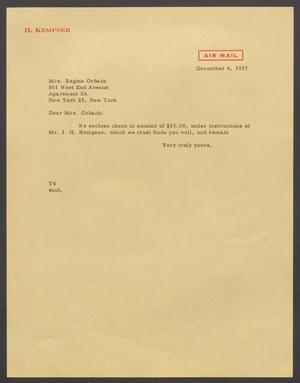 [Letter from T. E. Taylor to Regina Orbach, December 4, 1957]