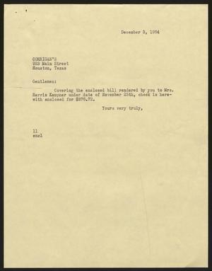 [Letter from Isaac H. Kempner to Corrigan's, December 3, 1964]