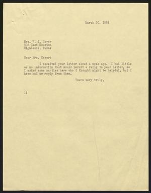 Primary view of object titled '[Letter from Isaac H. Kempner to W. I. Caver, March 30, 1964]'.