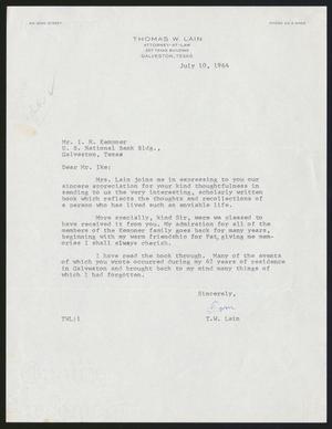 [Letter from Thomas W. Lain to Isaac H. Kempner, July 10, 1964]