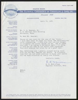 [Letter from E. R. McWilliam to Isaac H. Kempner, April 14, 1964]