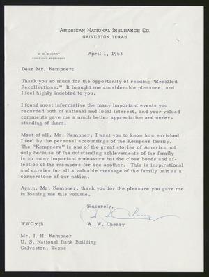 [Letter from W. W. Cherry to Isaac H. Kempner, April 1, 1963]