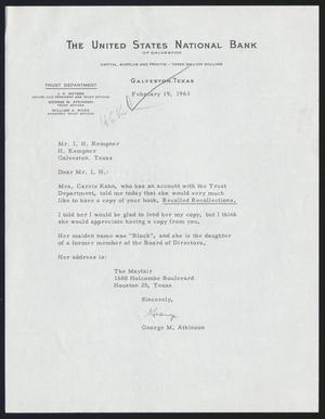 [Letter from George M. Atkinson to Isaac H. Kempner, February 19, 1963]