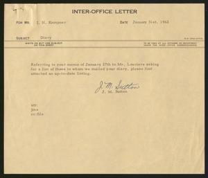 Primary view of object titled '[Inter-Office Letter from J. M. Sutton to I. H. Kempner, January 31, 1962]'.