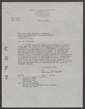 [Letter from Owen D. Barker to Dr. Mary Ellen Haggard, July 3, 1957]