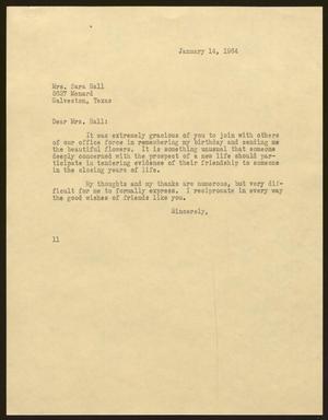 Primary view of object titled '[Letter from I. H. Kempner to Sara Hall, January 14, 1964]'.