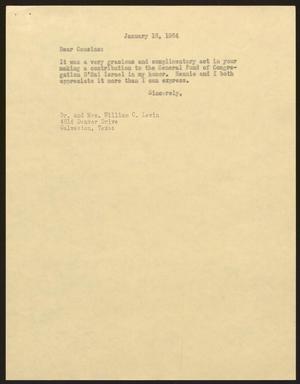 [Letter from I. H. Kempner to Dr. and Mrs. Willian C. Levin, January 15, 1964]