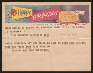 [Telegram from Jerusha and Troy Middleton to I. H. Kempner, January 13, 1964]