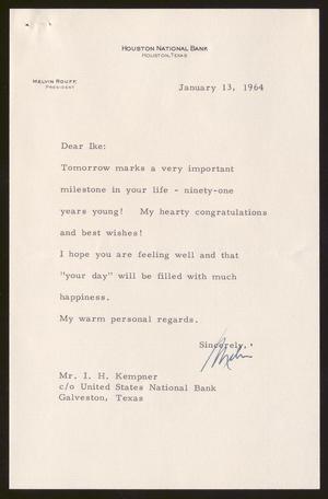 Primary view of object titled '[Letter from Melvin Rouff to Isaac H. Kempner , January 13, 1964]'.