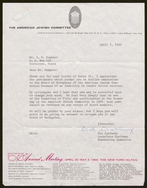 [Letter from Sol Satinsky to Isaac H. Kempner, April 3, 1964]