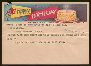 [Telegram from Galveston County Jewish Welfare Association to I. H. Kempner, January 14, 1964]