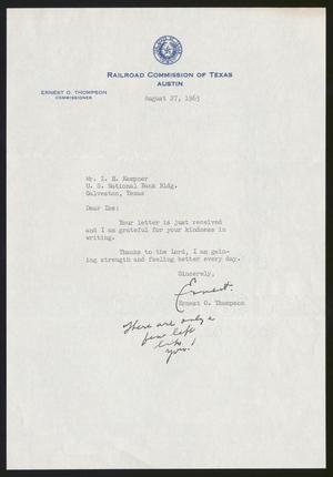 [Letter from Ernest O. Thompson to Isaac H. Kempner, August 27, 1963]