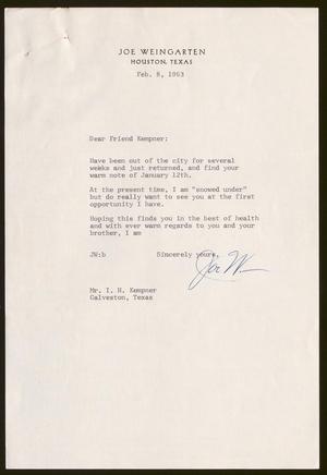 [Letter from Joe Weingarten to Isaac H. Kempner, February 8, 1963]