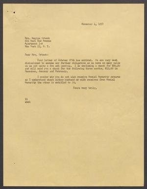 [Letter from Isaac H. Kempner to Regina Orbach, November 4, 1957]