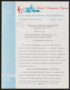 [Press Release from The Sam Rayburn Foundation, March 27, 1963]
