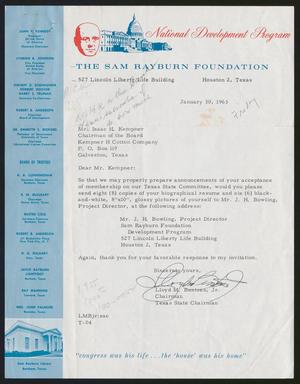 [Letter from The Sam Rayburn Foundation to Mr. Isaac H. Kempner, January 30, 1963]