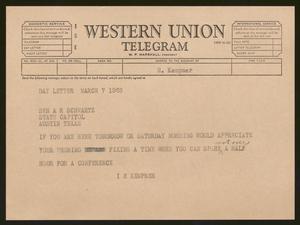 [Telegram from I. H. Kempner to Senator A. R. Schwartz, March 7, 1963]
