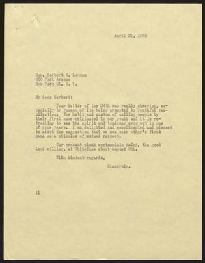 [Letter from Isaac H. Kempner to Herbert H. Lehman, April 29, 1963]