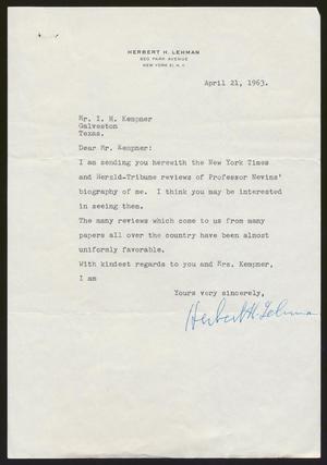 [Letter from Herbert H. Lehman to I. H. Kempner, April 21, 1963]