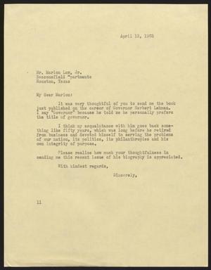 [Letter from Isaac H. Kempner to Marion Law, Jr., April 12, 1963]