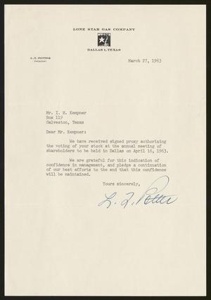 [Letter from L. T. Potter to Isaac H. Kempner, March 27 1963]