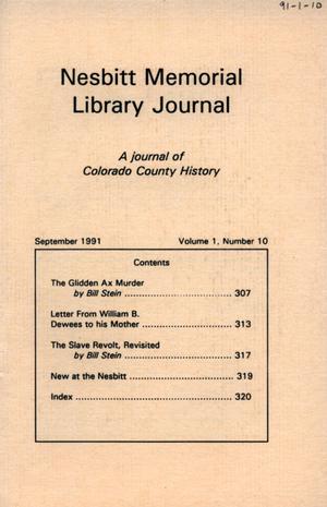 Primary view of object titled 'Nesbitt Memorial Library Journal, Volume 1, Number 10, September, 1991'.
