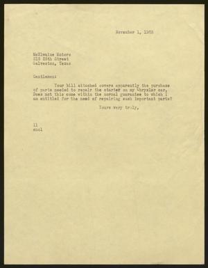 [Letter from Isaac H. Kempner to McElwaine Motors, November 1, 1963]