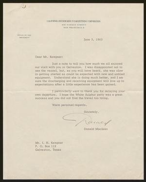[Letter from Donald Maclean to Isaac H. Kempner, June 3, 1963]