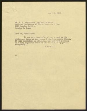 [Letter from Isaac H. Kempner to E. R. McWilliams, April 3, 1963]