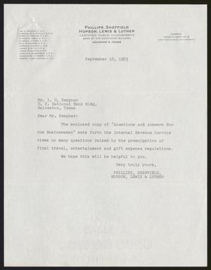 [Letter from Isaac H. Kempner to Phillips Sheffield, September 18, 1963]