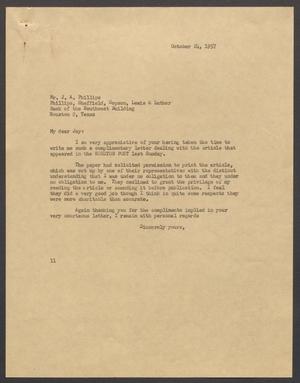 [Letter from Isaac H. Kempner to J. A. Phillips, October 24, 1957]
