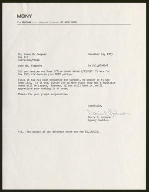 [Letter from Doris D. Johnson to Isaac H. Kempner, December 11, 1963]
